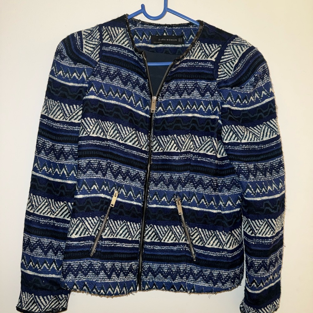 Zara Navy and Cream Patterned Blazer